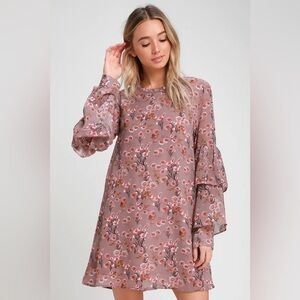 Lulu’s Day Date Mauve Floral Print Tiered Flounce Sleeve Mini Dress- Size L